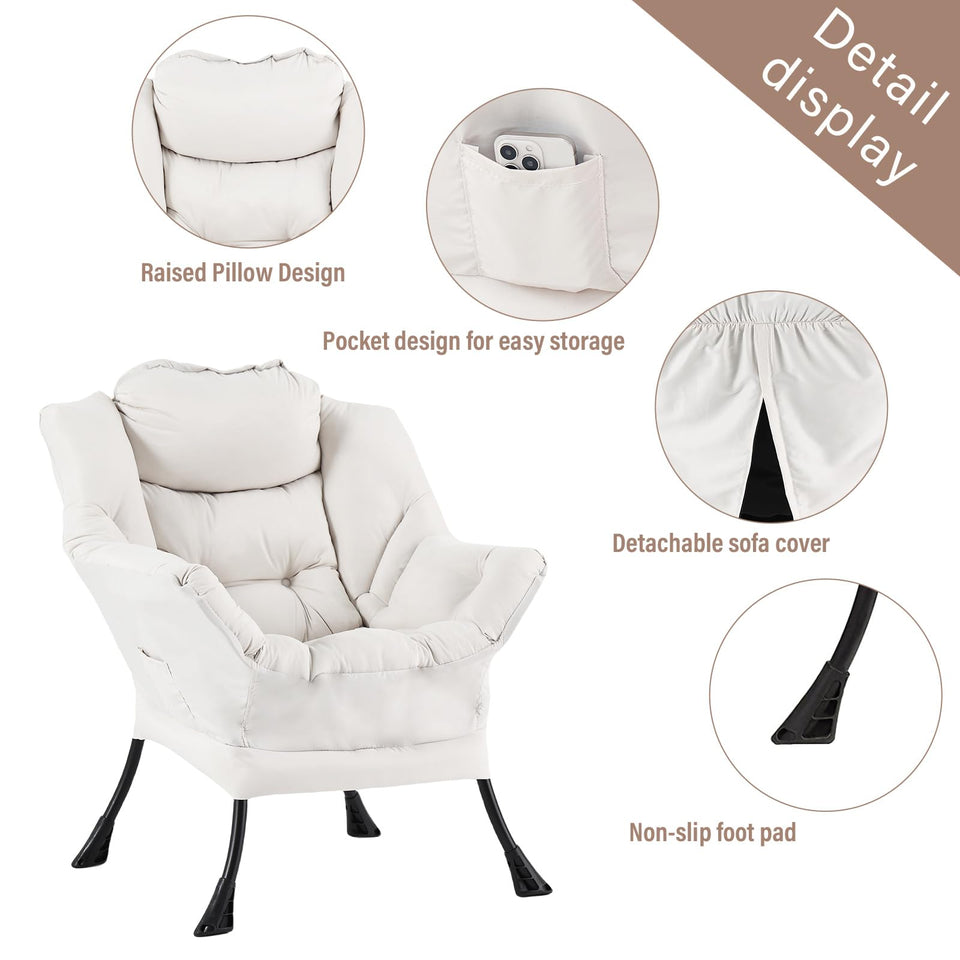 Welnow Lazy Chair with Ottoman, Modern Lounge Accent Chair with Armrests and a Side Pocket, Leisure Sofa Armchair, Reading Armchair with Footrest for Small Space, Dark Grey