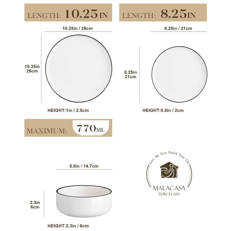 MALACASA Plates and Bowls Sets, 24 Pieces Modern Porcelain Dinnerware Set for 6 Ceramic Dishware Dishes White Kitchen Dinner Dining Ware Set wtih Black Rim Microwave and Dishwasher Safe, Series LUNA