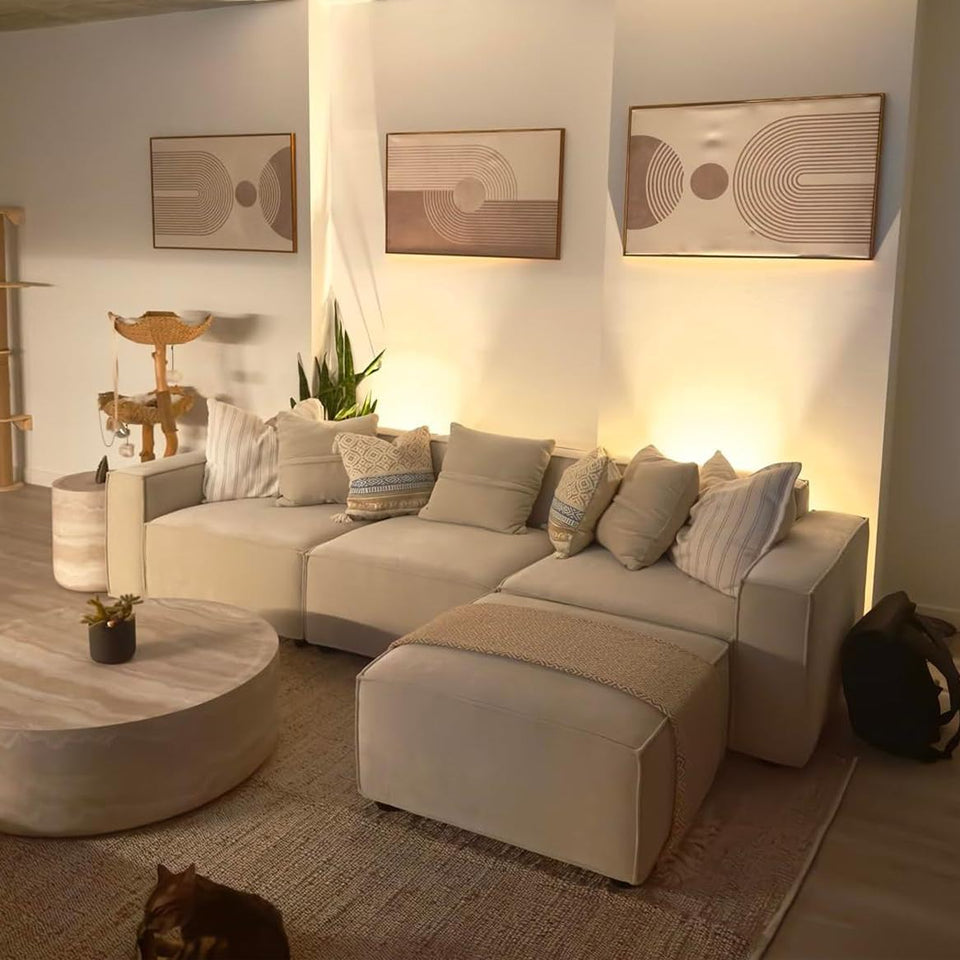 Acanva Luxury Modular Sectional Living Room Sofa Set, Modern Minimalist Style Couch with Ottoman and Chaise, L-Shape, Linen-Like Cream