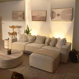 Acanva Luxury Modular Sectional Living Room Sofa Set, Modern Minimalist Style Couch with Ottoman and Chaise, L-Shape, Linen-Like Cream