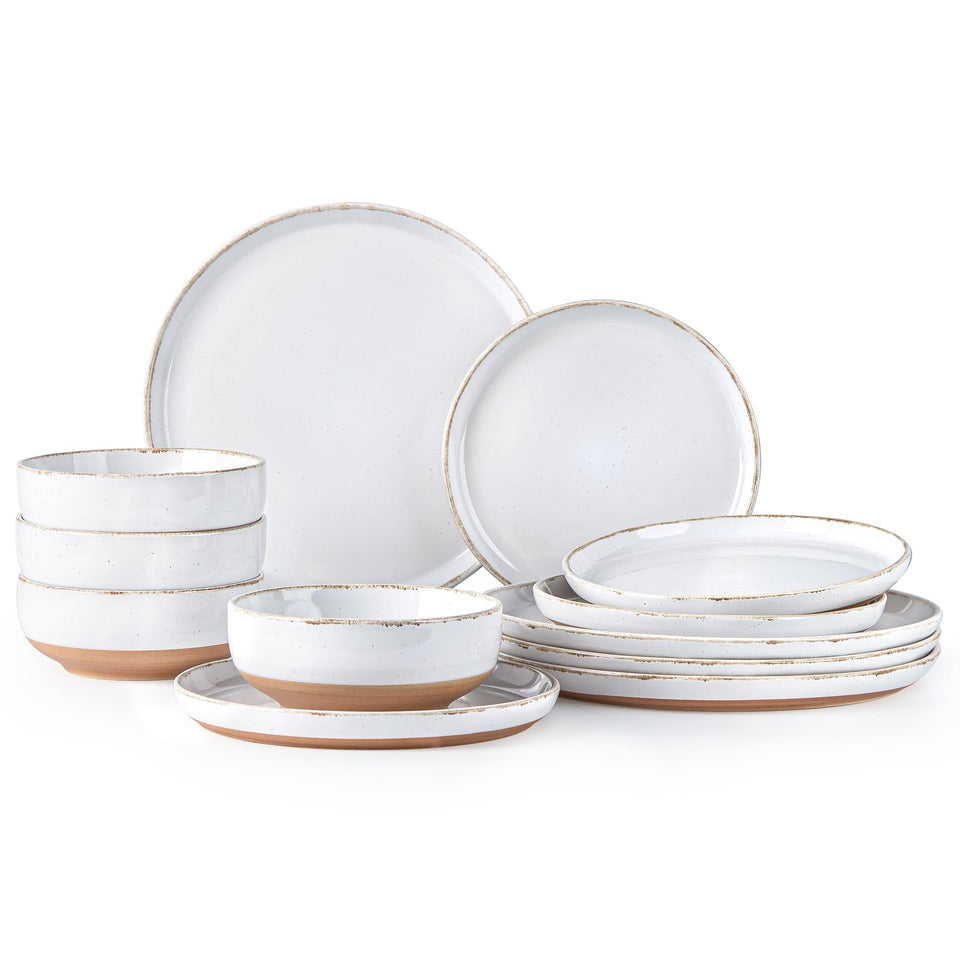 AmorArc Ceramic Dinnerware Sets for 8, 24 Pieces Handpainted Plates and Bowls Set with Rustic Terracotta Underside, Scratch Resistant Stoneware Dishes Set, Dishwasher & Microwave Safe, Light Beige