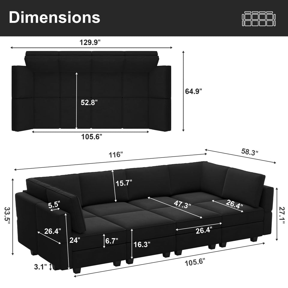 Belffin Modular Sectional Sofa with Ottomans Velvet Reversible Sleeper Chaise Bed Storage Seat Black