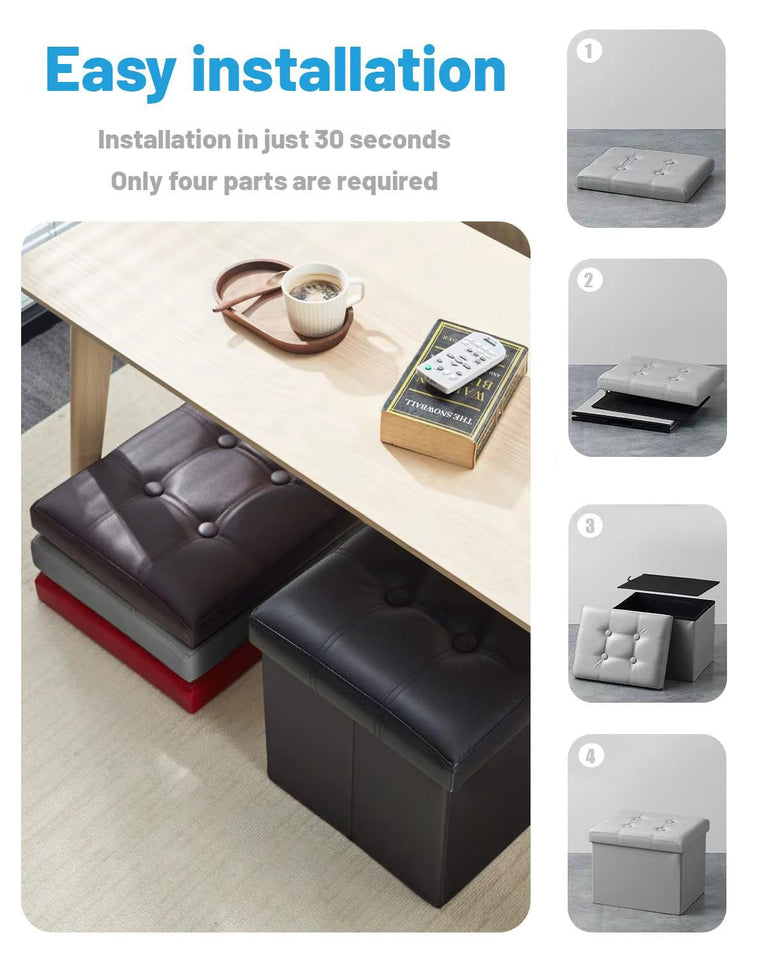 AmasSmile Storage Ottoman Folding Foot Rest Stool, Leather Footstool Bench, Short Ottoman Stool, Storage Foot Rest Store, Books (Black, 17" D x 13" W x 13" H)