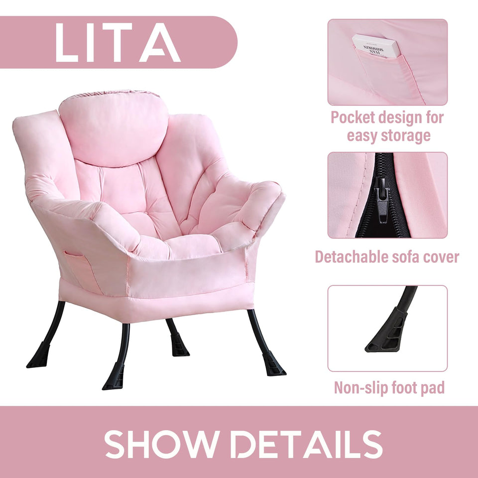 LITA Lazy Chair with Ottoman, Modern Accent Leisure Upholstered Lazy Sofa Armchair, Contemporary Lounge Reading Chair with Armrests and a Side Pocket for Living Room, Bedroom & Small Space, Dark Grey