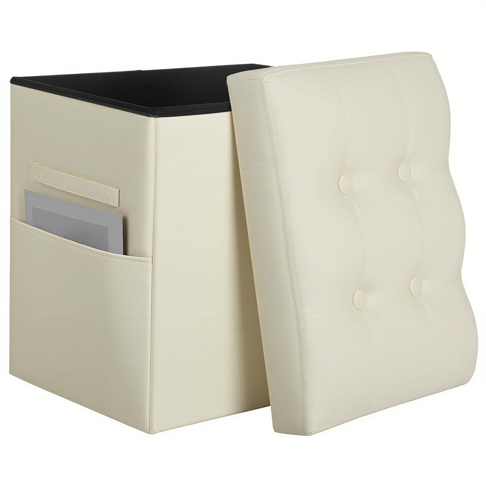 Storage Ottoman Foot Rest Stool, Foldable Leather Footstool Storage Bench with Thicker Foam Padded Seat. Foot Rest Under Desk for Living Room Bedroom 350 lbs, 17x13x13 in, Brown