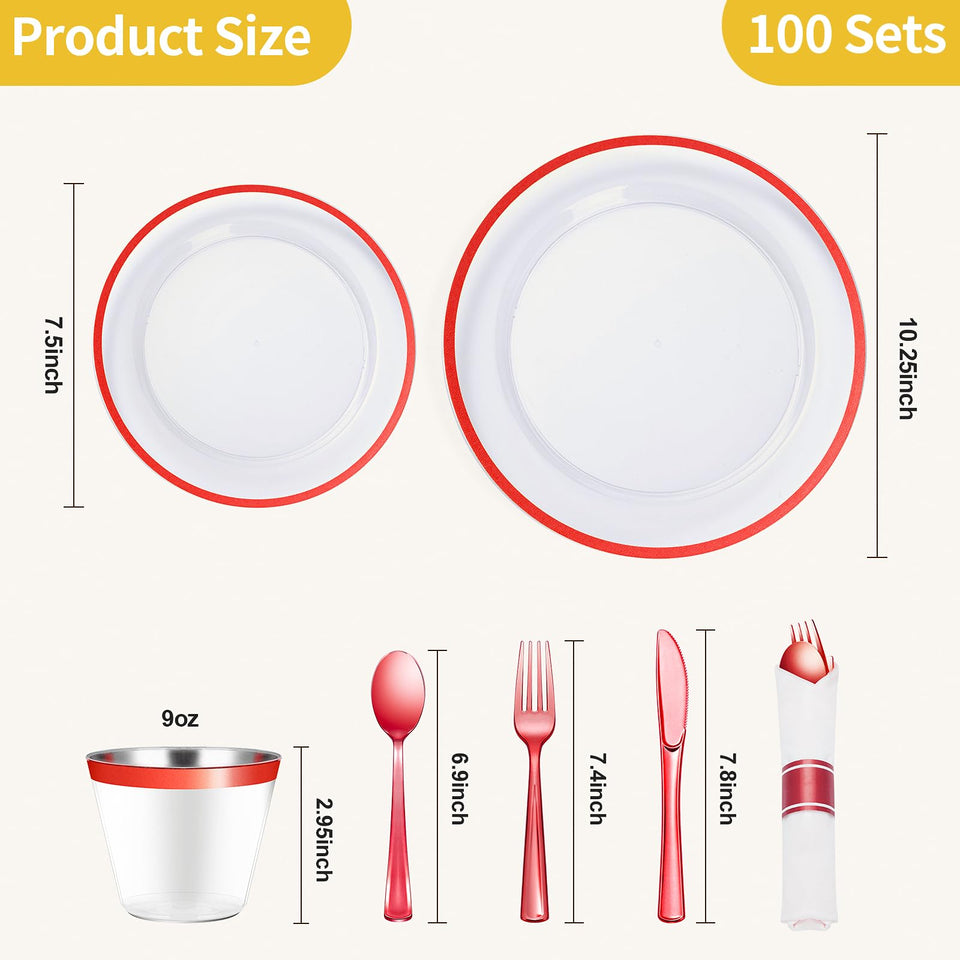 Goodluck 700 Piece Dark Blue Plastic Dinnerware Set for Party, Clear Disposable Plates for 100 Guests, Include: 100 Dinner Plates, 100 Dessert Plates, 100 Pre Rolled Napkins with Cutlery Set, 100 Cups