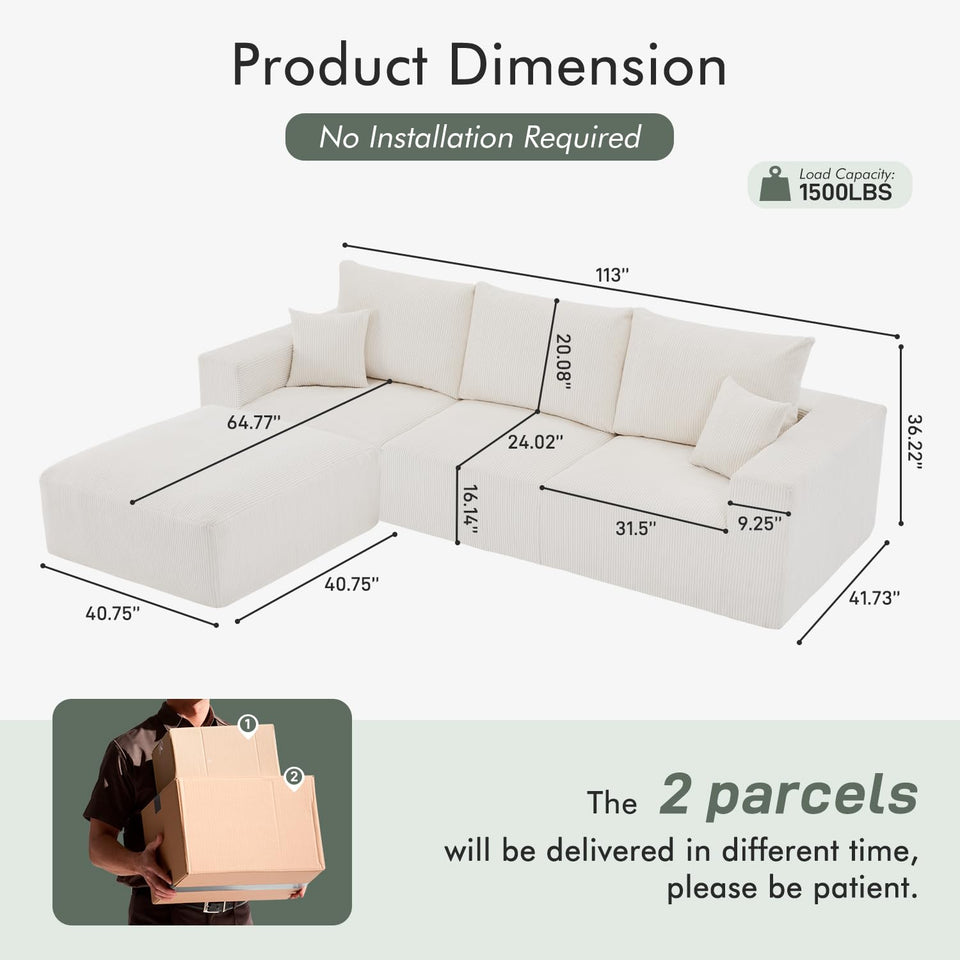 Boneless Sectional Cloud Couch Sofa for Living Room, 112" U-Shaped Modular Modern Lounge Sleeper Black Couches with Chaise, No Assemble, Cordury Compression Upholstered Sofas