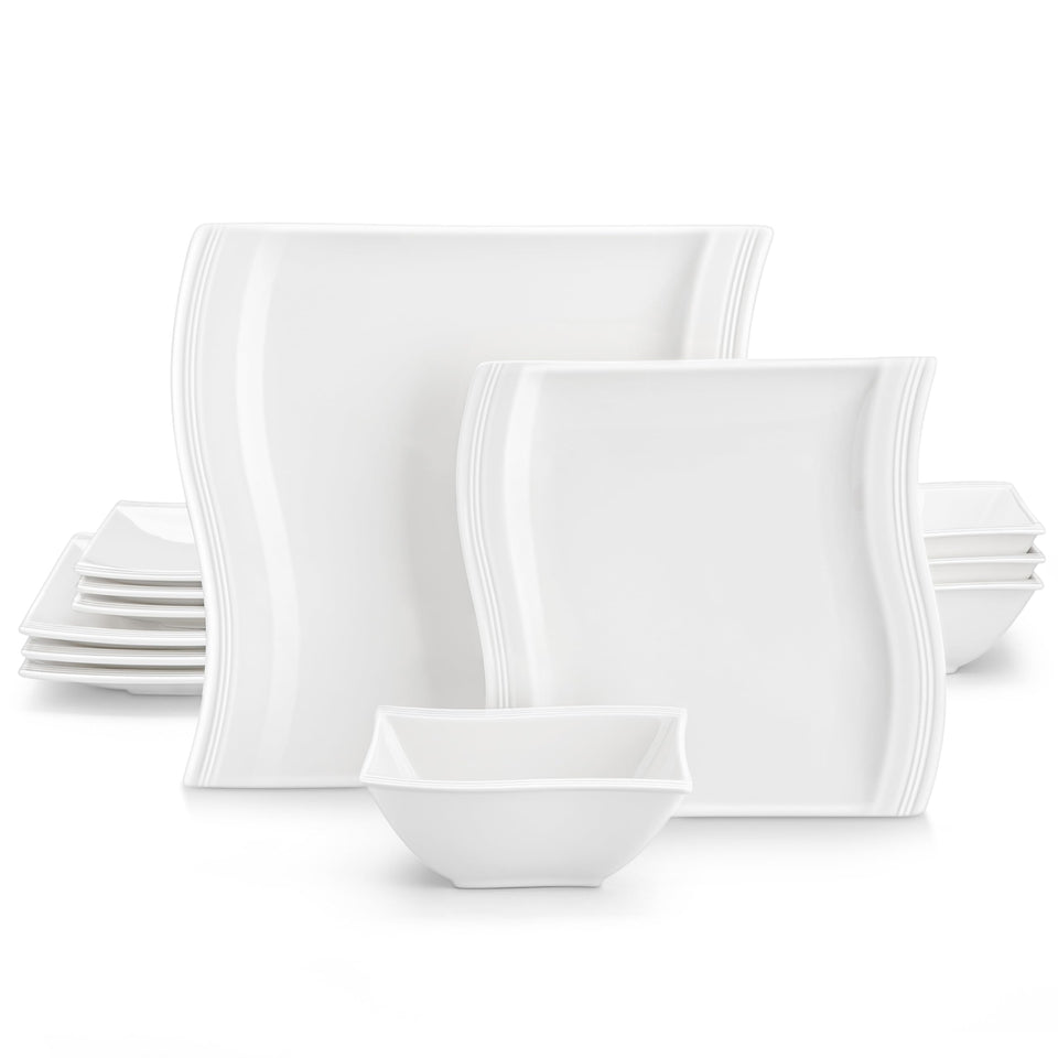 MALACASA Ivory White Dinnerware Sets, 30-Piece Porcelain Plates and Bowls Sets, Modern Dish Set for 6, Square Plates Dinnerware Set Kitchen Dishware Sets, Microwave and Dishwasher Safe, Series Flora