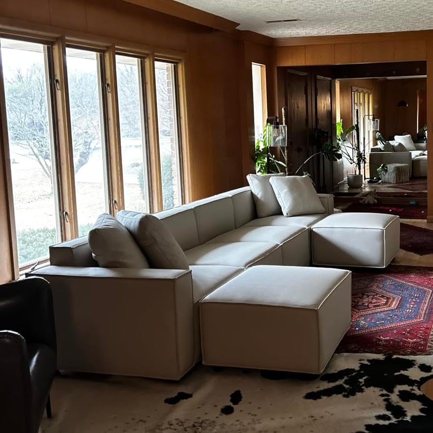 Acanva Luxury Modular Sectional Living Room Sofa Set, Modern Minimalist Style Couch with Ottoman and Chaise, L-Shape, Linen-Like Cream