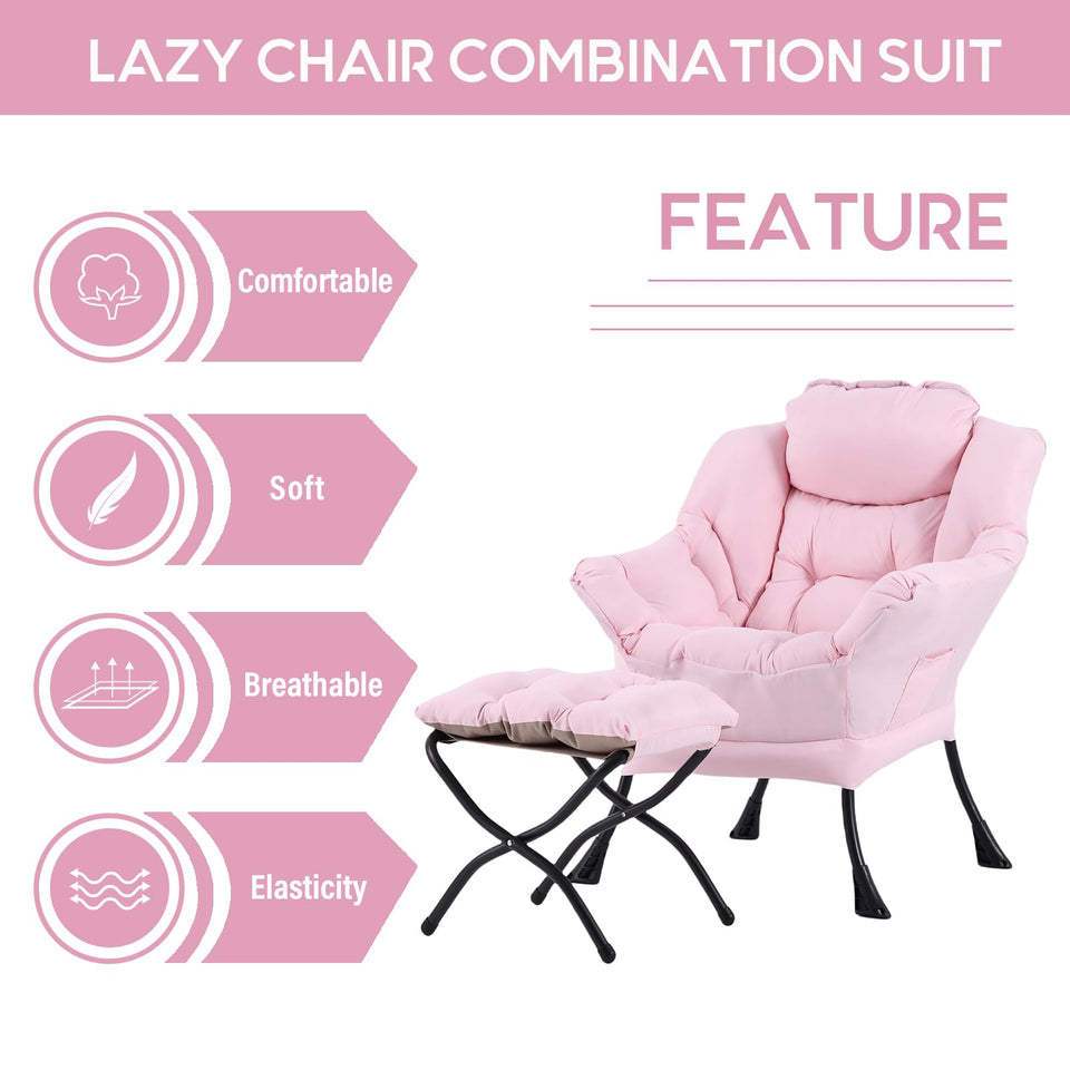 LITA Lazy Chair with Ottoman, Modern Accent Leisure Upholstered Lazy Sofa Armchair, Contemporary Lounge Reading Chair with Armrests and a Side Pocket for Living Room, Bedroom & Small Space, Dark Grey