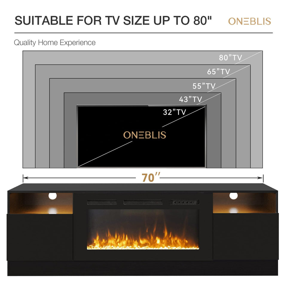 OneBlis 80" Fireplace TV Stand, LED Light Entertainment Center for TVs Up to 90", High-Gloss Door, Modern TV Console for Living Room with Storage Cabinet, Black+Black