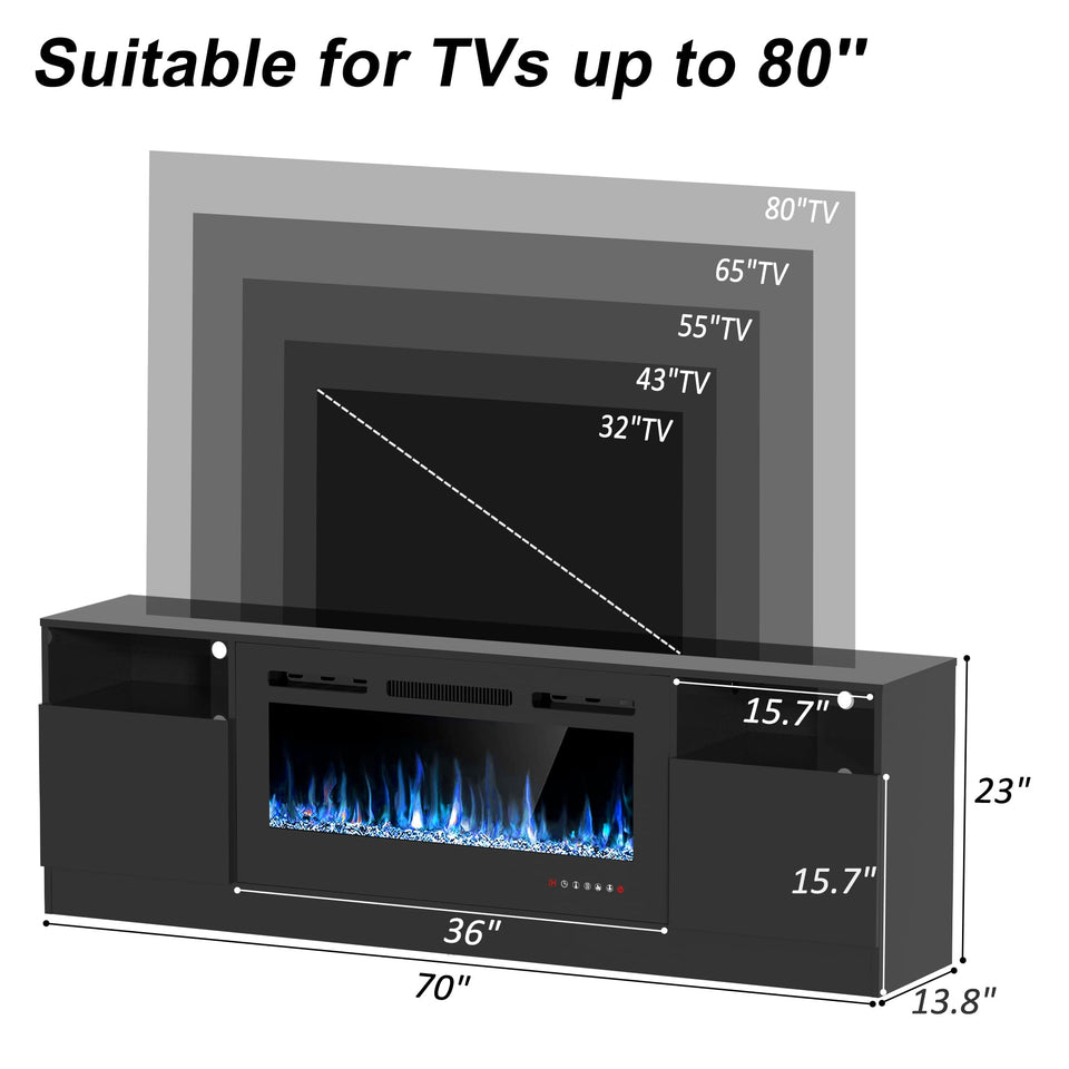 OUTGUAVA Fireplace TV Stand for 80 Inch TV, TV Stand with 36" Fireplace, LED Light Entertainment Center with Storage Cabinets, Media TV Console TV Table for Living Room, Black