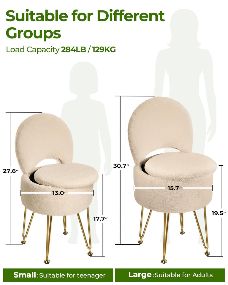 GREENSTELL Small Vanity Stool Chair with Storage and Folding Back, 13" x 13" x 17.7" Faux Fur Soft Ottoman for Teenager, 4 Metal Legs with Anti-Slip Feet, Furry Padded Seat for Makeup, Bedroom, White