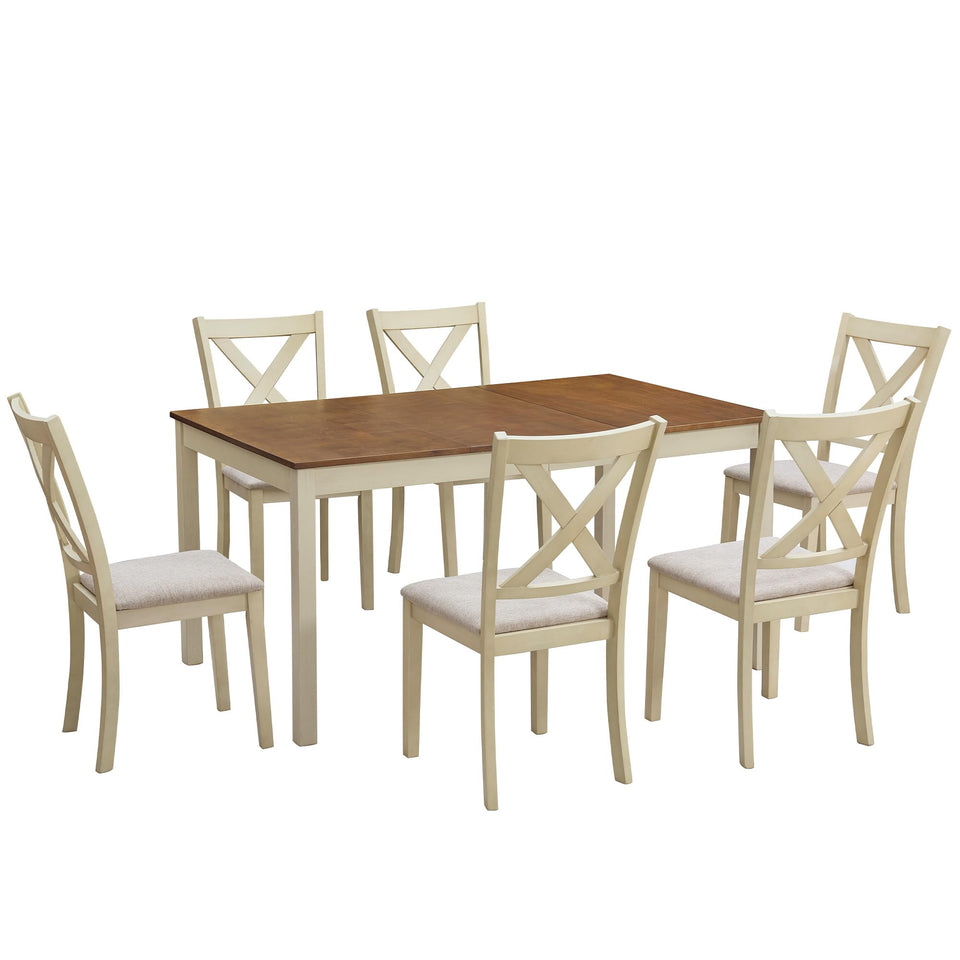 AMERLIFE 7-Piece Farmhouse Solid Wood Dining Table Set with 6 Upholstered Chairs, 60" Space Saving Dinner Table & Chairs Set, for Dining Room, Kitchen, Restaurant, Brown & White