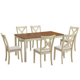 AMERLIFE 7-Piece Farmhouse Solid Wood Dining Table Set with 6 Upholstered Chairs, 60" Space Saving Dinner Table & Chairs Set, for Dining Room, Kitchen, Restaurant, Brown & White