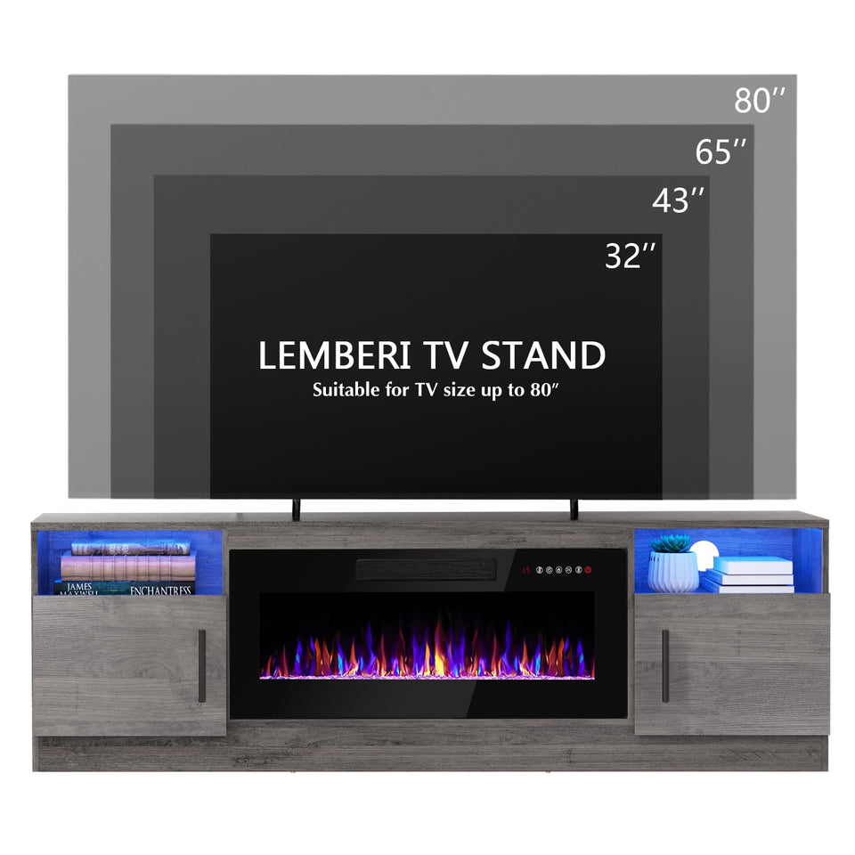 Lemberi Fireplace tv Stand with 36 inch Fireplace Up to 90" TVs, LED Light Entertainment Center and Storage, 80" Modern Wood Media TV Console with Highlight Cabinet for Living Room (White)