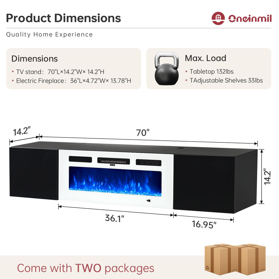 oneinmil 70" Floating TV Stand with 36" Electric Fireplace, Wall Mounted Fireplace Entertainment Center with Storage, Fire Place TV Console for Living Room, All Black