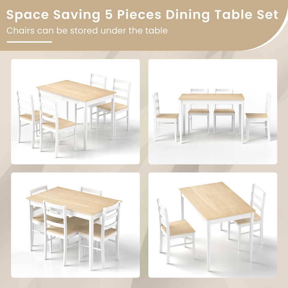 POWERSTONE Dining Table Set for 4, Kitchen Table Chairs Set of 4 with Rubber Wood Legs, Farmhouse 5 Piece Dining Table Set Solid Wood for Kitchen Dining Room Dinner (Brown)