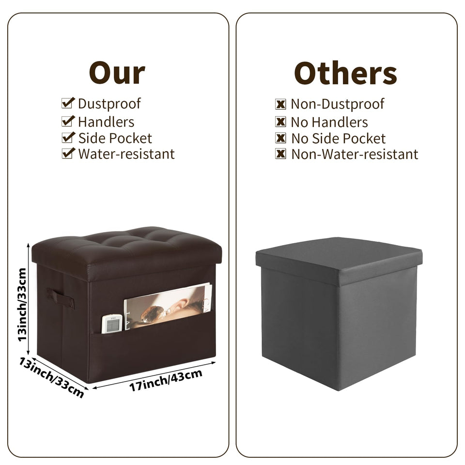 Storage Ottoman Foot Rest Stool, Foldable Leather Footstool Storage Bench with Thicker Foam Padded Seat. Foot Rest Under Desk for Living Room Bedroom 350 lbs, 17x13x13 in, Brown