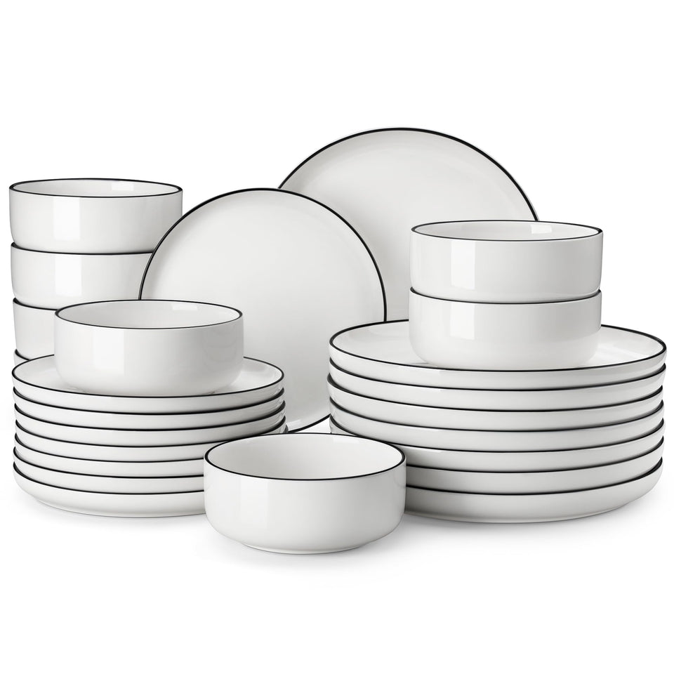 MALACASA Plates and Bowls Sets, 24 Pieces Modern Porcelain Dinnerware Set for 6 Ceramic Dishware Dishes White Kitchen Dinner Dining Ware Set wtih Black Rim Microwave and Dishwasher Safe, Series LUNA