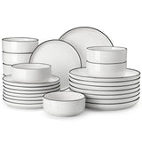 MALACASA Plates and Bowls Sets, 24 Pieces Modern Porcelain Dinnerware Set for 6 Ceramic Dishware Dishes White Kitchen Dinner Dining Ware Set wtih Black Rim Microwave and Dishwasher Safe, Series LUNA