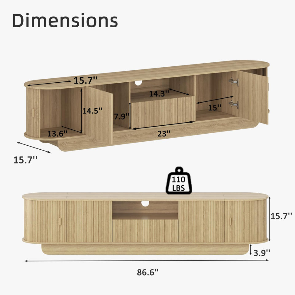 UKAOCAI 86.61'' Tambour TV Stand for 55-85 Inch, Modern Entertainment Center with Large Storage Cabinet & Open Shelves, TV Console with Sliding Doors for Living Room, Bedroom, Natural