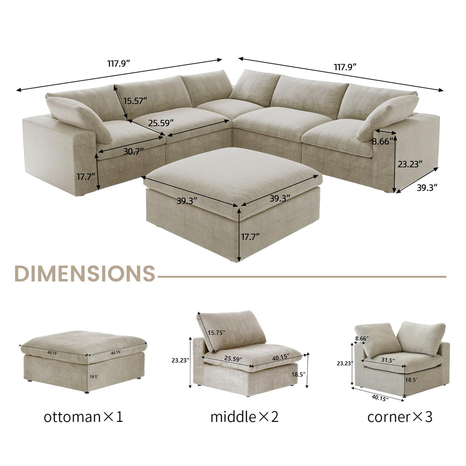 160.6" Cloud Couch Modular Sectional Sofa for Livingroom,Oversized Convertible Sofa with Storage Ottomans,6 Seat Wide Couches,Cushion Covers Removable (Khaki, 6 Seater)