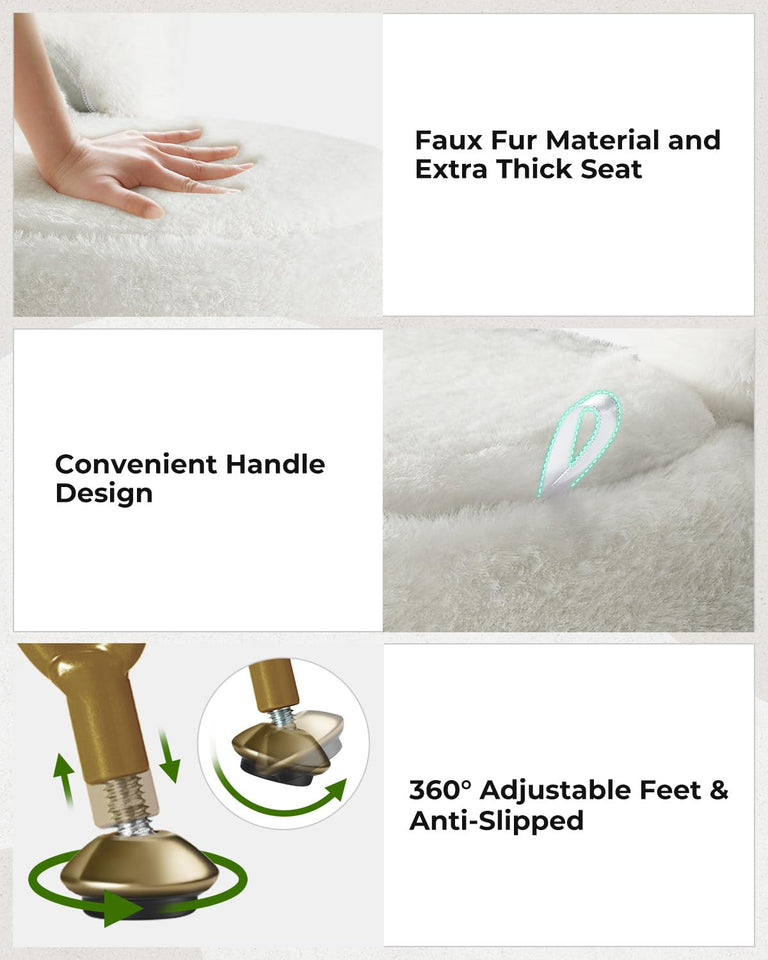 GREENSTELL Small Vanity Stool Chair with Storage and Folding Back, 13" x 13" x 17.7" Faux Fur Soft Ottoman for Teenager, 4 Metal Legs with Anti-Slip Feet, Furry Padded Seat for Makeup, Bedroom, White