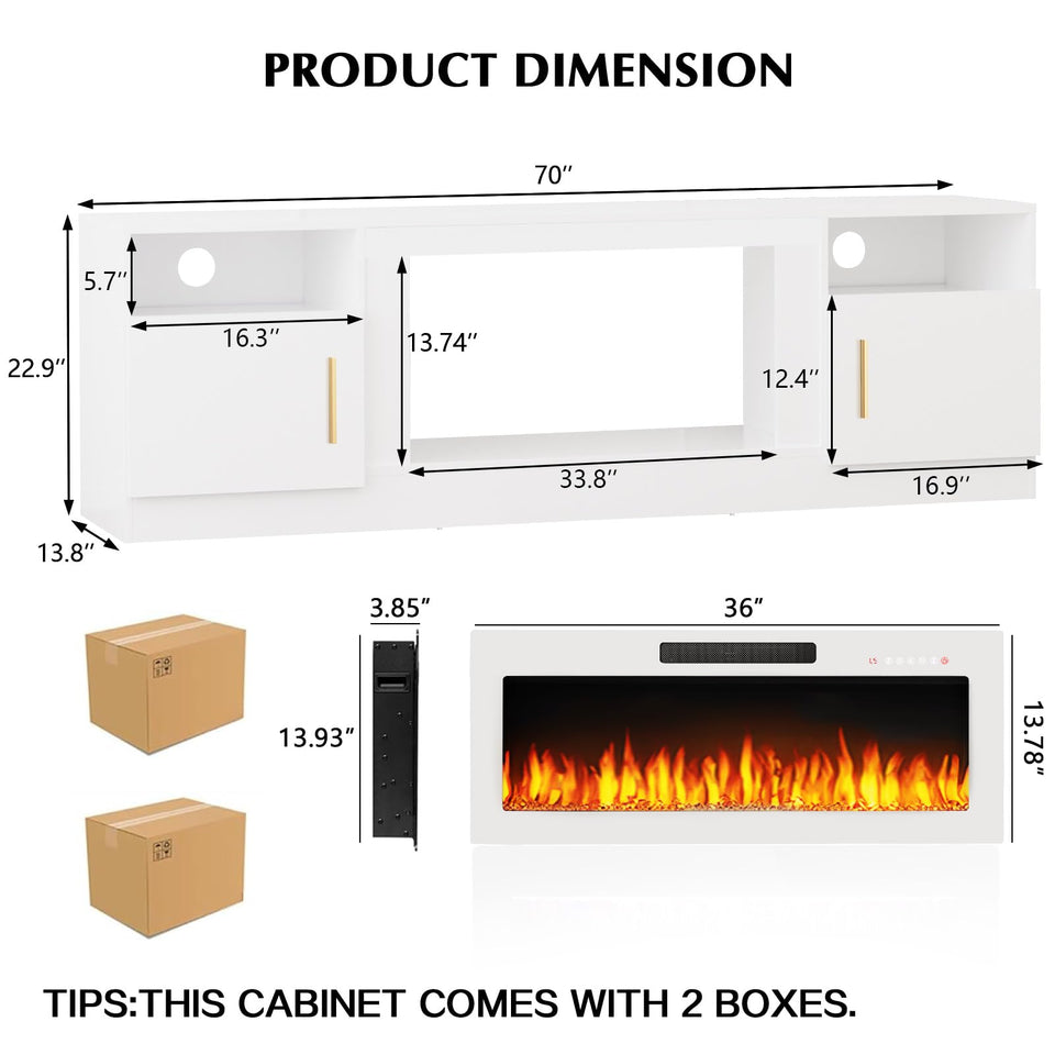 Lemberi Fireplace tv Stand with 36 inch Fireplace Up to 90" TVs, LED Light Entertainment Center and Storage, 80" Modern Wood Media TV Console with Highlight Cabinet for Living Room (White)