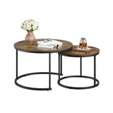 Smuxee Nesting Coffee Table Set of 2, 23.6" Round Coffee Table Wood Grain Top with Adjustable Non-Slip Feet, Industrial End Table Side Tables for Living Room Bedroom Balcony Yard