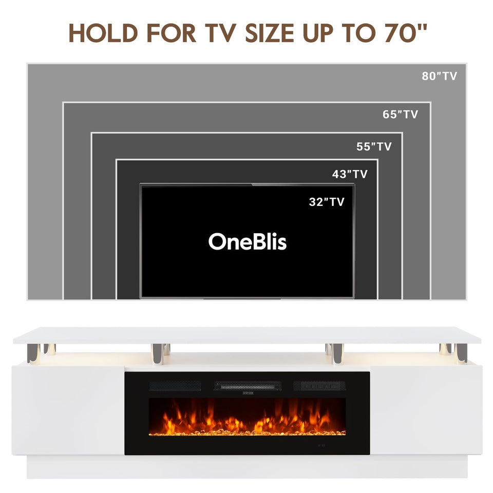 OneBlis 70" TV Stand for Living Room, Modern Entertainment Center & Media Console, Fits TVs up to 80", Storage Cabinet with Shelves, 36" Electric Fireplace with LED Flame (All Black)