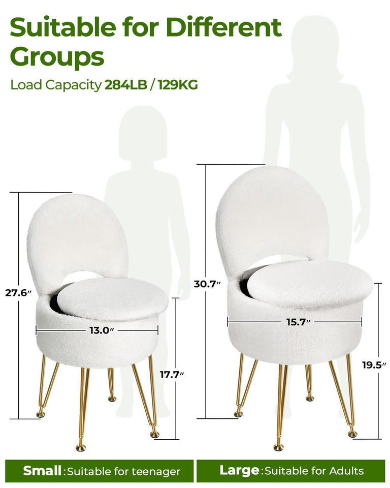 GREENSTELL Small Vanity Stool Chair with Storage and Folding Back, 13" x 13" x 17.7" Faux Fur Soft Ottoman for Teenager, 4 Metal Legs with Anti-Slip Feet, Furry Padded Seat for Makeup, Bedroom, White
