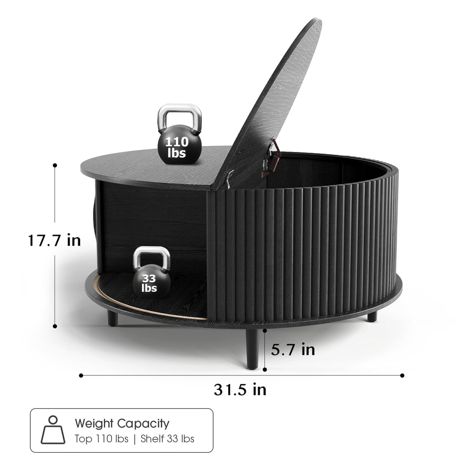 JOINICE, Round Coffee Table with Storage, Mid Century Modern Center Table with Sliding Cabinet Door, Fluted Dining Table for Living Room, Home Small Space, 31.5", Walnut