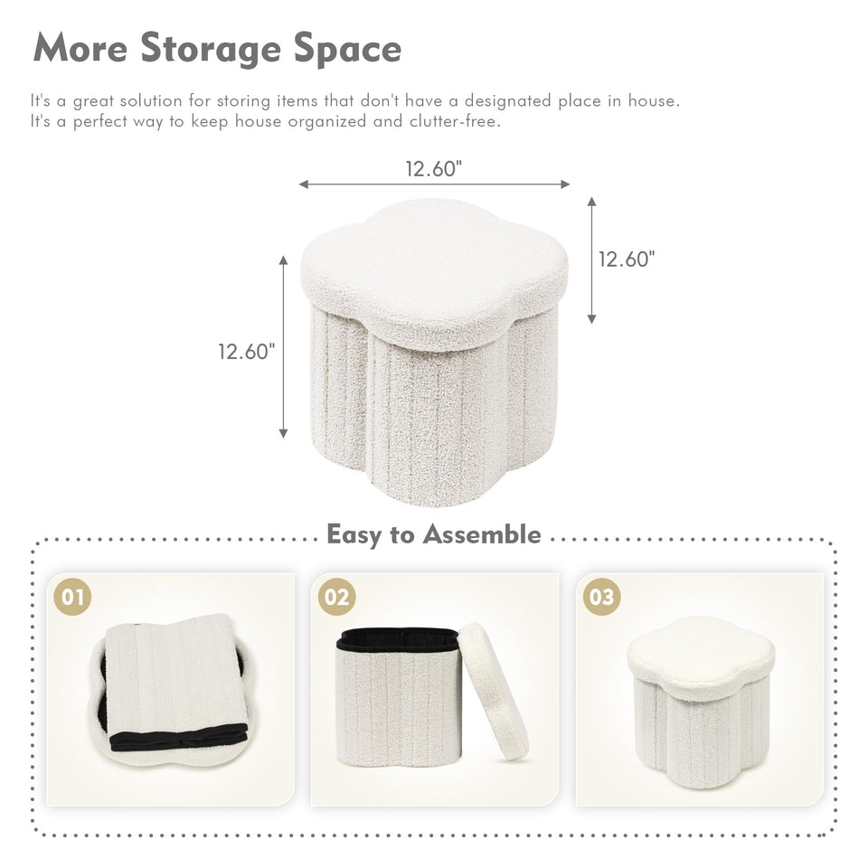 B FSOBEIIALEO Storage Ottoman Cube, Flowers Shaped Ottomans with Storage Foot Stool Footrest for Lving Room, Boucle Ottoman Seat for Dorm Room,Faux Teddy Fur, Cream White 12.6"x12.6"x12.6"