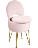 GREENSTELL Small Vanity Stool Chair with Storage and Folding Back, 13" x 13" x 17.7" Faux Fur Soft Ottoman for Teenager, 4 Metal Legs with Anti-Slip Feet, Furry Padded Seat for Makeup, Bedroom, White