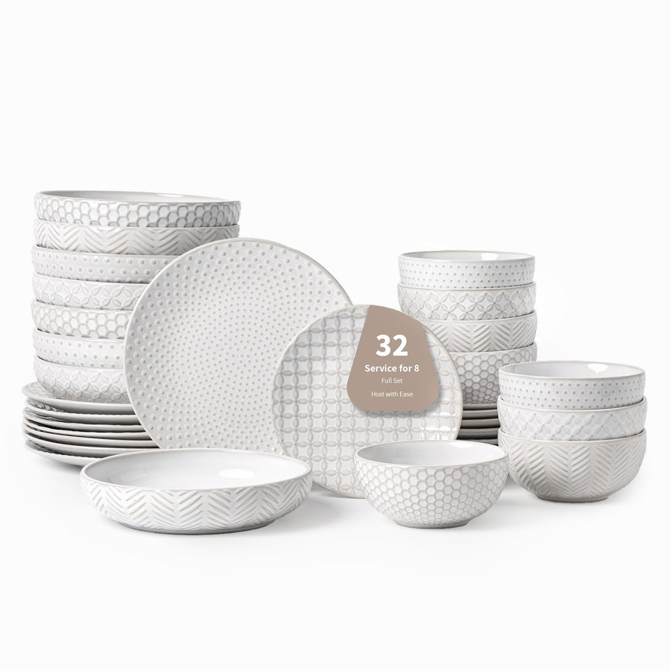 FOBENTA 24 Piece Dinnerware Sets for 8, Premium Stoneware Plates and Bowls Sets, Microwave & Dishwasher Safe, Elegant Dishes for Entertaining & Special Occasions – A Stunning Gift for Large Families