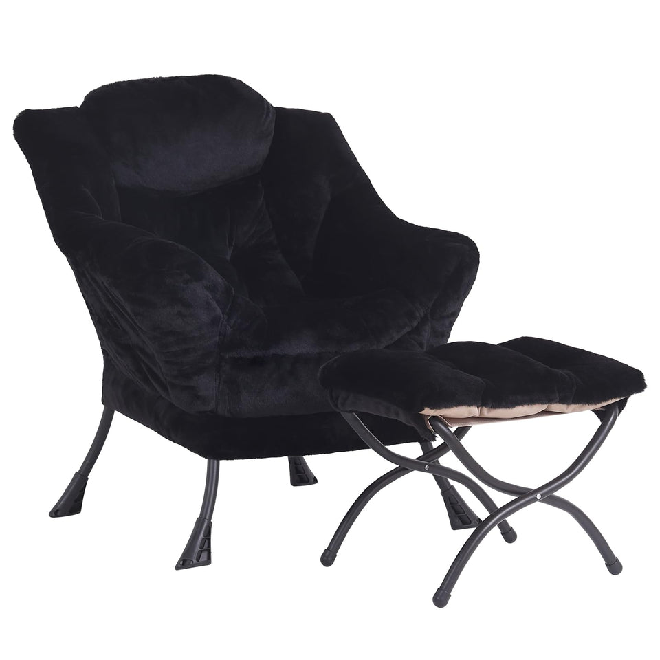 LITA Lazy Chair with Ottoman, Modern Accent Leisure Upholstered Lazy Sofa Armchair, Contemporary Lounge Reading Chair with Armrests and a Side Pocket for Living Room, Bedroom & Small Space, Dark Grey