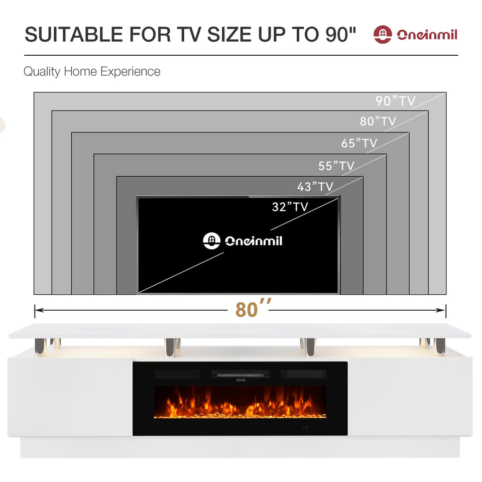 OneBlis 70" TV Stand for Living Room, Modern Entertainment Center & Media Console, Fits TVs up to 80", Storage Cabinet with Shelves, 36" Electric Fireplace with LED Flame (All Black)