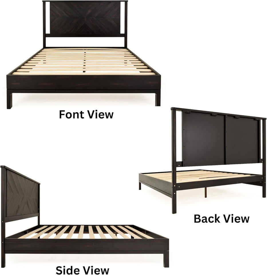 Bme Vivian 14 Inch Deluxe Bed Frame with Headboard, Rustic & Scandinavian Style with Solid Acacia Wood, No Box Spring Needed, 12 Strong Wood Slat Support, Easy Assembly, King, Rustic Golden Brown