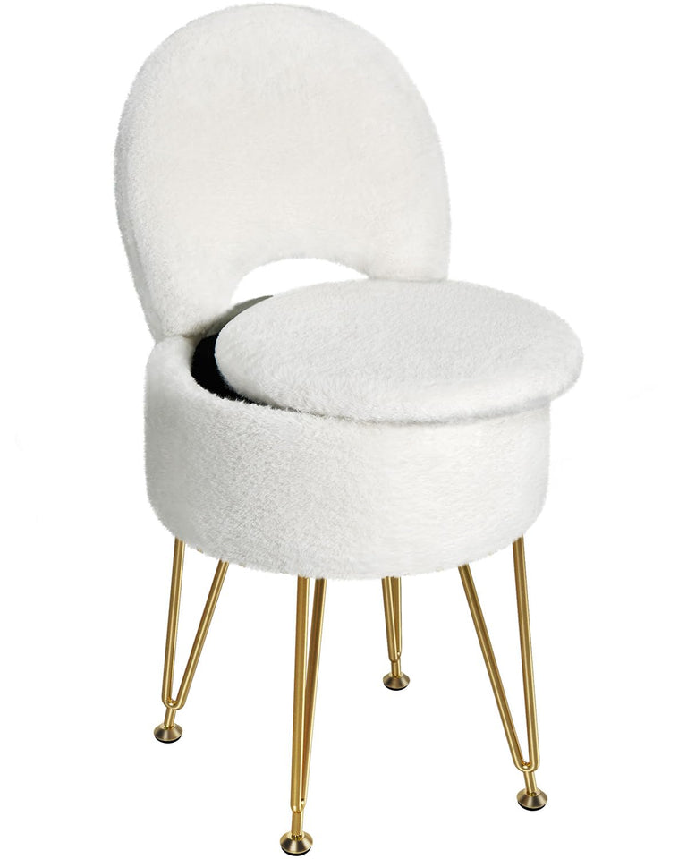 GREENSTELL Small Vanity Stool Chair with Storage and Folding Back, 13" x 13" x 17.7" Faux Fur Soft Ottoman for Teenager, 4 Metal Legs with Anti-Slip Feet, Furry Padded Seat for Makeup, Bedroom, White