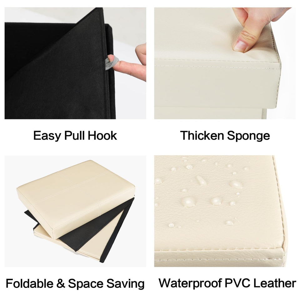 AmasSmile Storage Ottoman Folding Foot Rest Stool, Leather Footstool Bench, Short Ottoman Stool, Storage Foot Rest Store, Books (Black, 17" D x 13" W x 13" H)