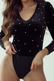 Pearl Detail Velvet V-Neck Long Sleeve Bodysuit