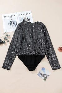 Sequin Surplice Long Sleeve Bodysuit