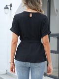 Tied Pleated Round Neck Short Sleeve Top