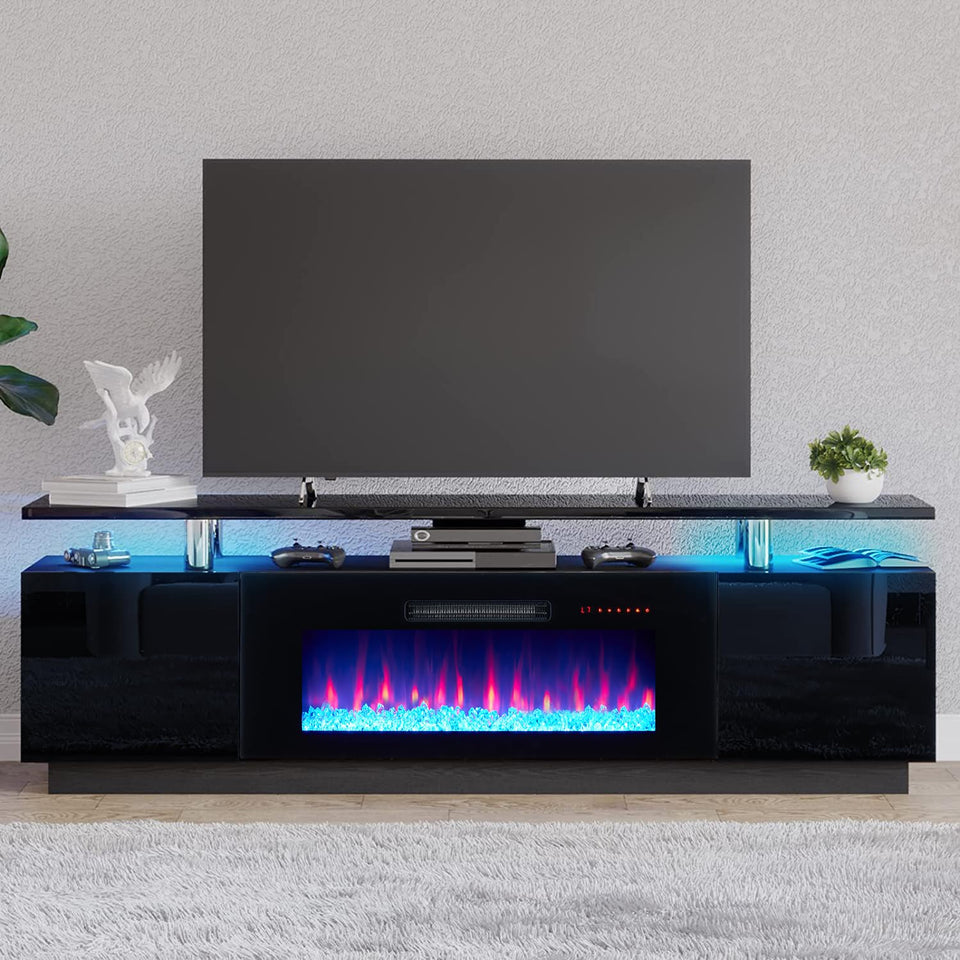 AMERLIFE Fireplace TV Stand with 36" Fireplace, 70" Modern High Gloss Fireplace Entertainment Center LED Lights, 2 Tier TV Console Cabinet for TVs Up to 80", Obsidian Black