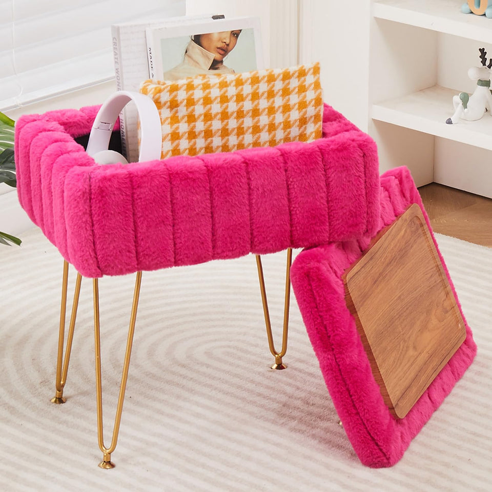 Wimarsbon Storage Ottoman, Vanity Stools with Metal Legs, 16.5" x 11.8" x 18" Modern Faux Mink Fur Footstool, Makeup Chair with Anti-Slip Feet, Accent Table,Footrest,Storage Bench for Bedroom