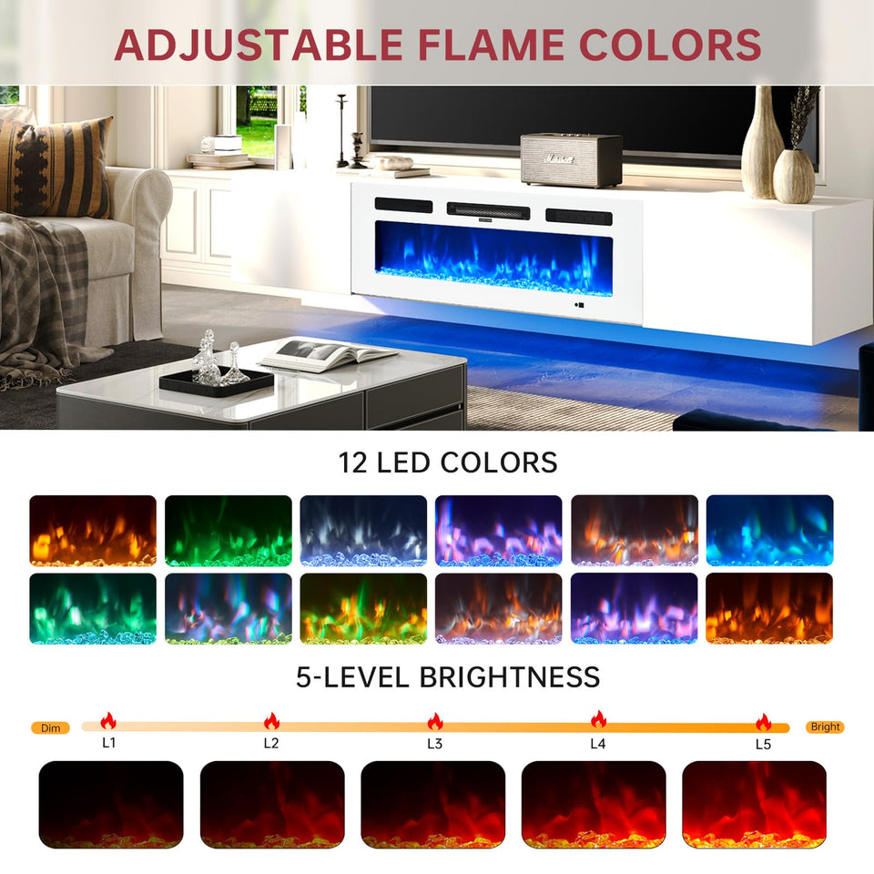 oneinmil 70" Floating TV Stand with 36" Electric Fireplace, Wall Mounted Fireplace Entertainment Center with Storage, Fire Place TV Console for Living Room, All Black