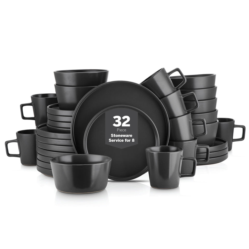 Stone Lain Celina Stoneware 32 Piece Dinnerware Set, Plates and Bowls, Black Matte Dish Collection, Service for 8 – Contemporary Minimalist Style, Microwave & Dishwasher Safe