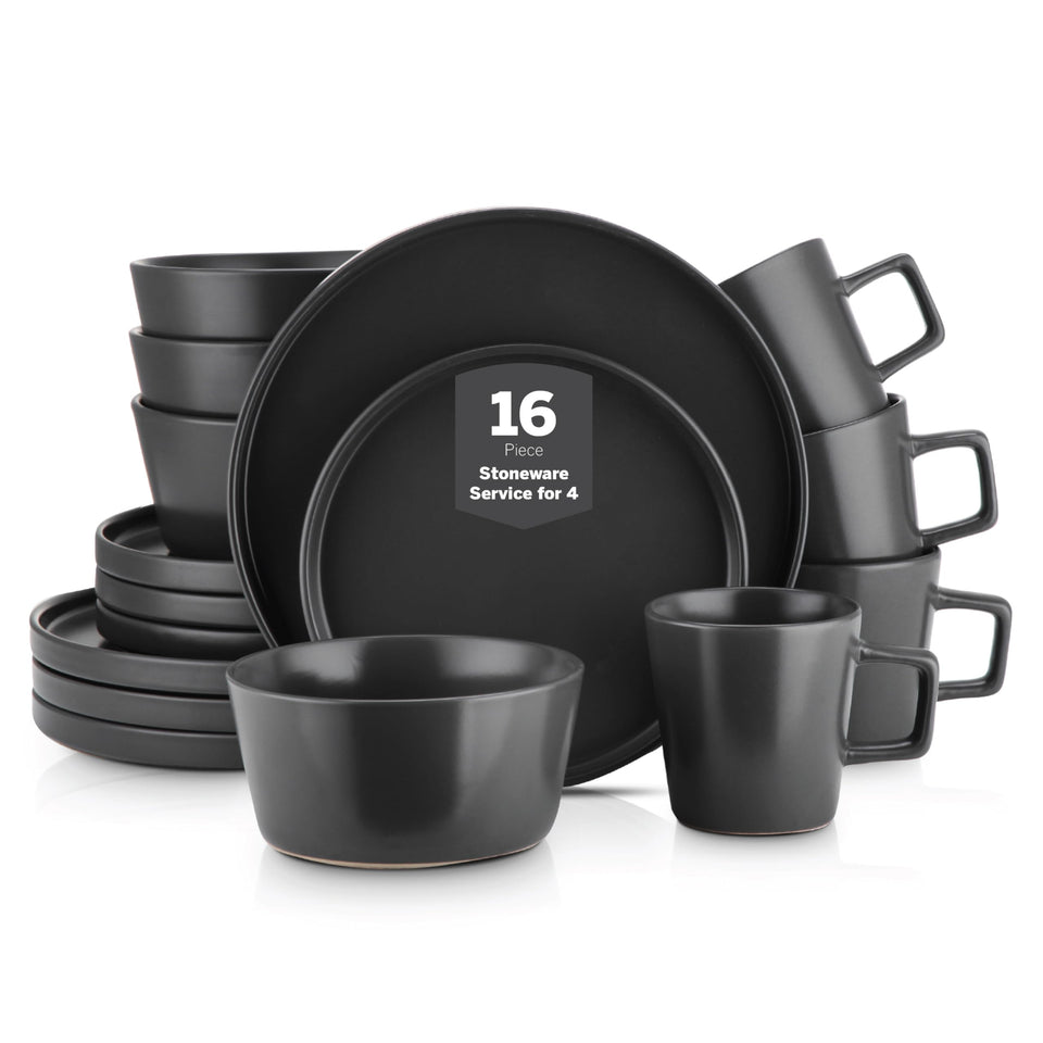 Stone Lain Celina Stoneware 32 Piece Dinnerware Set, Plates and Bowls, Black Matte Dish Collection, Service for 8 – Contemporary Minimalist Style, Microwave & Dishwasher Safe