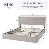 Allewie King Size Lift Up Storage Bed, Modern Wingback Headboard, Hydraulic Support, No Box Spring Needed, Light Beige